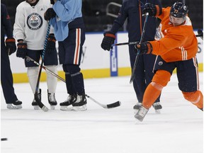 Edmonton OIlers defenceman Oscar Klefbom takes a shot in practice on Thursday, Dec. 28, 2017 at Rogers Place. Klefbom is expected to return to the lineup against the Chicago Blackhawks on Friday.