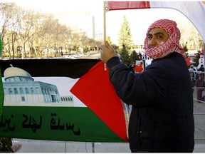 Mohammad Saleh joined the Canada Palestine Cultural Association at their "Hands of Jerusalem" protest at the Alberta Legislature on Sunday December 10, 2017 in response to Donald Trump's recognition of Jerusalem as Israel's capital.