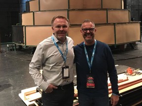 John Cameron, left, and artistic director Emmanuel Fonte stand on the set of the Singing Christmas Tree. This year's performance runs December 14-17, 2017 at Edmonton's Jubilee Auditorium. (Supplied)