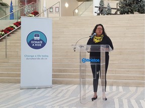 Cheryl Whiskeyjack, executive director of the Bent Arrow Traditional Healing Society, speaks to an assembly about the benefits of the Donate-A-Ride program at Edmonton City Hall, Edmonton, Alta. on Wednesday, Dec. 20, 2017.