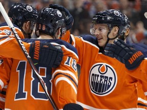 Edmonton's Ryan Strome (18) celebrates a goal with teammates during the first period of a NHL game at Rogers Place between the Edmonton Oilers and the San Jose Sharks in Edmonton, Alberta on Monday, December 18, 2017.