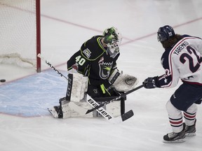 Edmonton Oil Kings Travis Child is scored on by  Tri-City Americans Nolan Yaremko during first period WHL action on Friday, Dec. 15, 2017 in Edmonton.