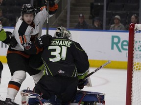 Medicine Hat Tigers Baxter Anderson watches the puck go past Edmonton Oil Kings goalie Josh Dechaine during first period WHL action on Saturday, Dec. 16, 2017 in Edmonton.