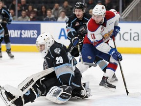 Tomas Soustal #11 of the Edmonton Oil Kings scores on goaltender Bailey Brkin #29 of the Kootenay Ice during Western Hockey League action at Rogers Place in Edmonton on Saturday, Dec. 30, 2017.