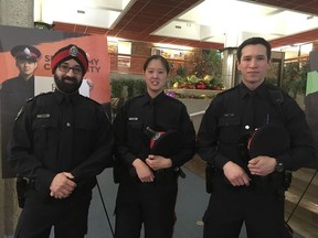 Const. Pritpaul Bhui, left, Const. Michelle Choi and Const. Joshua Maeda at the Edmonton Police Service recruiting campaign on Wednesday, Dec. 13, 2017 at the Edmonton police headquarters where the recruitment campaign Inspired By was launched. It aims to highlight the many reasons individuals are inspired to join the EPS and showcase the variety of individuals that apply and are hired.