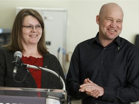 Transplant donor Michelle Reynes speaks alongside her husband, and recipient of her kidney, Darren Reynes during a news conference on organ donation at the Mazankowski Alberta Heart Institute in Edmonton on Tuesday, Feb. 14, 2017.
