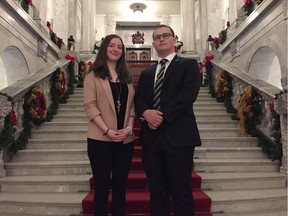 Alberta 2017 Youth Parliament premier Jasmine Binnie, left, and opposition leader Bryce Selzler at the Alberta legislature on Dec. 29, 2017.