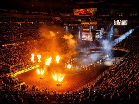 Competitors take part in the opening ceremony during the Canadian Finals Rodeo in Edmonton on Nov. 8, 2017.