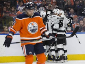 The Los Angeles Kings celebrate their second period goal against the Edmonton Oilers during NHL action at Rogers Place in Edmonton Tuesday, Jan. 2, 2018.