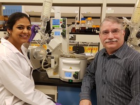 Thanks to the nascent medical marijuana industry, the future looks bright for Radient Technologies CEO Denis Taschuk (right) and Radient associate scientist Indu Parmar. Graham HIcks photo