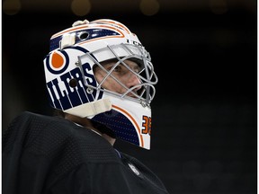 Al Montoya takes part in an Edmonton Oilers practice at Rogers Place in downtown Edmonton. (David Bloom)