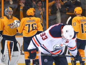 P.K. Subban of the Nashville Predators congratulates teammate goalie Pekka Rinne after a 2-1 victory over the Edmonton Oilers on Jan. 9, 2018 in Nashville.