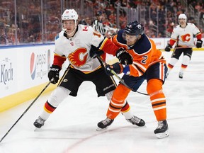 Calgary's Matt Stajan (18) gets a penalty during the first period of a NHL game between the Edmonton Oilers and the Calgary Flames at Rogers Place in Edmonton on Thursday, Jan. 25, 2018. (Ian Kucerak)