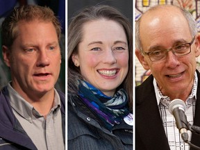 Declared leadership candidates for the Alberta Party, from left: Rick Fraser, Kara Levis and Stephen Mandel.