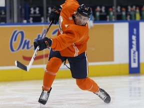 Edmonton's Yohann Auvitu (81) drills during an Edmonton Oilers practice at Rogers Place in Edmonton, Alberta on Monday, December 4, 2017.