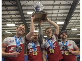 From left, Karrick Martin, Skip Brendan Bottcher, Brad Thiessen and Darren Moulding of the Saville Sports Centre in Edmonton, defeated Skip Ted Appelman of the Saville Sports Centre in extra ends  at the 2017 Alberta Boston Pizza Cup men's curling championship in Westlock, AB. on Feb. 12, 2017.