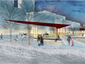 Planners have designed these bright red shelters in Kinistinaw Park to give a little protection from the elements and a bright splash of colour while still allowing views right through the park.