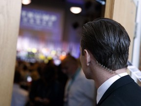 A secret service agent looks on as Republican presidential candidate Donald Trump speaks during a campaign rally, Wednesday, Aug. 10, 2016, in Abingdon, Va.