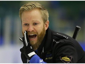 Sweden skip Niklas Edin calls to sweepers at the 2018 Pinty's Grand Slam of Curling, Meridian Canadian Open held in Camrose on Tuesday, Jan. 16, 2018.