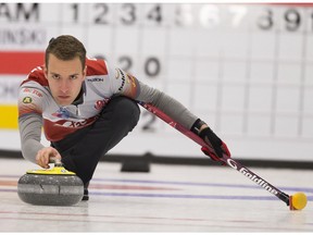 Skip Brendan Bottcher, throws a rock at the 2017 Alberta Boston Pizza Cup men's curling championship in Westlock,on Wednesday February 8, 2017.