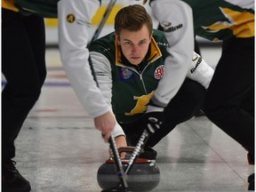 Skip Karsten Sturmay throwing his rock against Team Sluchinski during draw 2 of the 2018 Boston Pizza Cup Alberta Men's Curling Championship at Grant Fuhr Arena in Spruce Grove, January 31, 2018. Ed Kaiser/Postmedia Photos for Terry Jones stories running Thursday, Feb. 1 and others through the weekend.