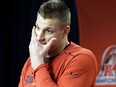 New England Patriots tight end Rob Gronkowski faces reporters during a news conference Wednesday, Jan. 17, 2018, at Gillette Stadium in Foxborough, Mass. (AP Photo/Steven Senne)