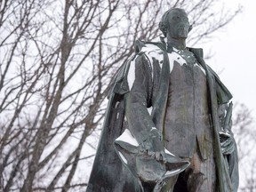 The statue of Edward Cornwallis, a controversial historical figure, is seen in a city park in Halifax on Tuesday, Jan. 30, 2018.