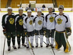 Clayton Kirichenko, left, Steven Owre, Trevor Cox, Cole Sanford, Dylan Bredo and Kenny Cameron are former WHL Medicine Hat Tigers players who all now play for the University of Alberta Golden Bears. Bears assistant coach Dan Kordic and forward Jayden Hart (pictured) are also former Tigers.