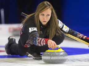 Rachel Homan delivers a rock in the fifth end of her match against Swiss skip Silvana Tirinzoni during her first draw at the World Financial Group Continental Cup on Jan. 11, 2018