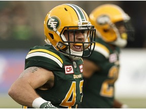 Edmonton Eskimos safety Neil King (43) celebrates an interception against the BC Lions at Commonwealth Stadium in Edmonton on July 28, 2017. (Ian Kucerak)