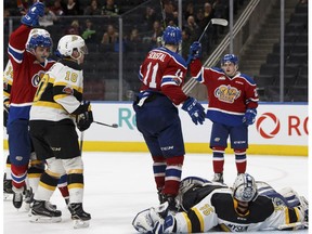 The Edmonton Oil Kings, seen here scoring in a Nov. 29, 2017, game, opened a five-game road trip with an overtime victory over the Brandon Wheat Kings on Tuesday, Jan. 9, 2018. (File)