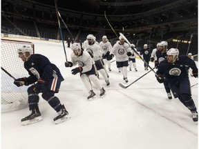 The Edmonton Oilers skate in practice at Rogers Place on Wednesday, Jan. 3, 2018.