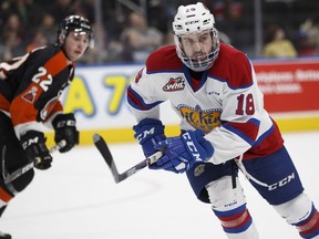 Edmonton's Kobe Mohr (18) skates against the Medicine Hat Tigers at Rogers Place in Edmonton on Wednesday, Jan. 24, 2018. He now plays in a full shield after having been struck in the face by a puck on Dec. 3, which requiring surgery.