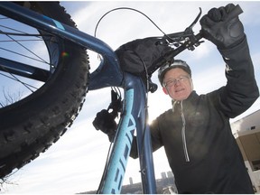 Sun Columnist Lorne Gunter with the loaner Norco Sasquatch fat bike on January 18, 2018 in Edmonton.   Photo by Shaughn Butts