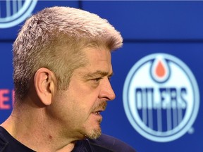 Edmonton Oilers head coach Todd McLellan addresses media following a 5-0 loss to the Buffalo Sabres one night earlier at Rogers Place in Edmonton, Jan. 24, 2018. (Ed Kaiser)
