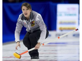 Skip Casey Scheidegger, from Lethbridge, watches her shot enter the house during Olympic curling trials action, Wednesday, December 6, 2017 in Ottawa. (File)