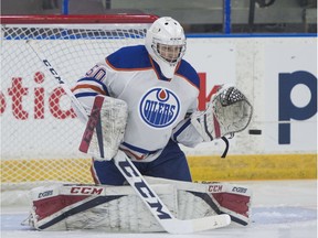 Edmonton Oilers prospect goalie Stuart Skinner during the warmup prior to his team's game against the Calgary Flames rookies at the Young Stars Classic held at the South Okanagan Events Centre in Penticton, B.C. on Sept. 8, 2017.