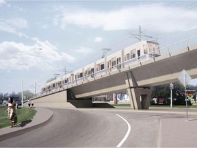An elevated guideway for the west leg of the Valley Line LRT could look similar to this, covering a span from 146 Street to 154 Street to avoid traffic at 149 Street along Stony Plain Road.