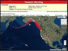 An earthquake registering a preliminary reading of 8.2 struck 278 kilometres southeast of Kodiak, Alaska on Tuesday morning, the U.S. Geological Survey says.