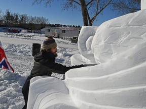 British sculptor David Wilkins putting finishing touches on his owl and pussy cat snow sculpture to be judged by the visitors during the first weekend of 28th annual Silver Skate Festival at Hawrelak Park in Edmonton, February 11, 2018.