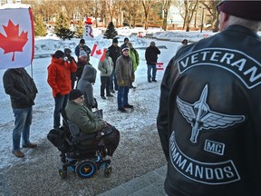 About 30 veterans  take part in a local chapter of the national Left in the Cold rally outside the Alberta legislature building Thursday, Feb. 15, 2018.