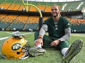 Edmonton Eskimos defensive back Aaron Grymes relaxes after practice at Commonwealth Stadium in Edmonton, September 25, 2017.