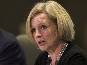 Premier Rachel Notley addresses an emergency provincial cabinet meeting following the latest setback on the Trans Mountain pipeline expansion at the Federal Building in Edmonton Wednesday Jan. 31, 2018. Photo by David Bloom