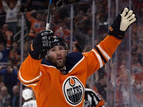 The Edmonton Oilers' Patrick Maroon (19) celebrates a goal against the Florida Panthers during first period NHL action at Rogers Place in Edmonton Monday Feb. 12, 2018.