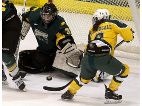 University of Alberta Pandas' Autumn MacDougall shoots on University of Regina Cougars goalie Jane Kish during Game 1 of their Canada West quarter-final in Edmonton on Friday Feb. 16, 2018. (David Bloom)