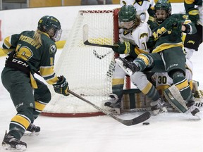 The University of Alberta Pandas' Deanna Morin (7) battles the University of Regina Cougars' Sam Geekie (15) during second period Canada West playoff action at Clare Drake Arena in Edmonton Saturday Feb. 17, 2018.