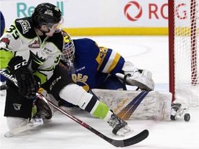 The Edmonton Oil Kings' Ty Gerla (39) is stopped by Saskatoon Blades' goaltender Nolan Maier (73) during first period WHL action at Rogers Place in Edmonton Monday Feb. 19, 2018.