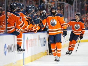 Jujhar Khaira (16) of the Edmonton Oilers celebrates his goal against the Vancouver Canucks at Rogers Place on Jan. 20, 2018, in Edmonton.