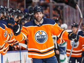 Patrick Maroon #19 of the Edmonton Oilers celebrates a goal against the Vancouver Canucks at Rogers Place on Jan. 20, 2018 in Edmonton.