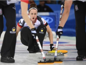 Canada's Joanne Courtney watches the stone during the gold-medal match against Russia at the Women's Curling World Championships in Beijing on March 26, 2017. (File)